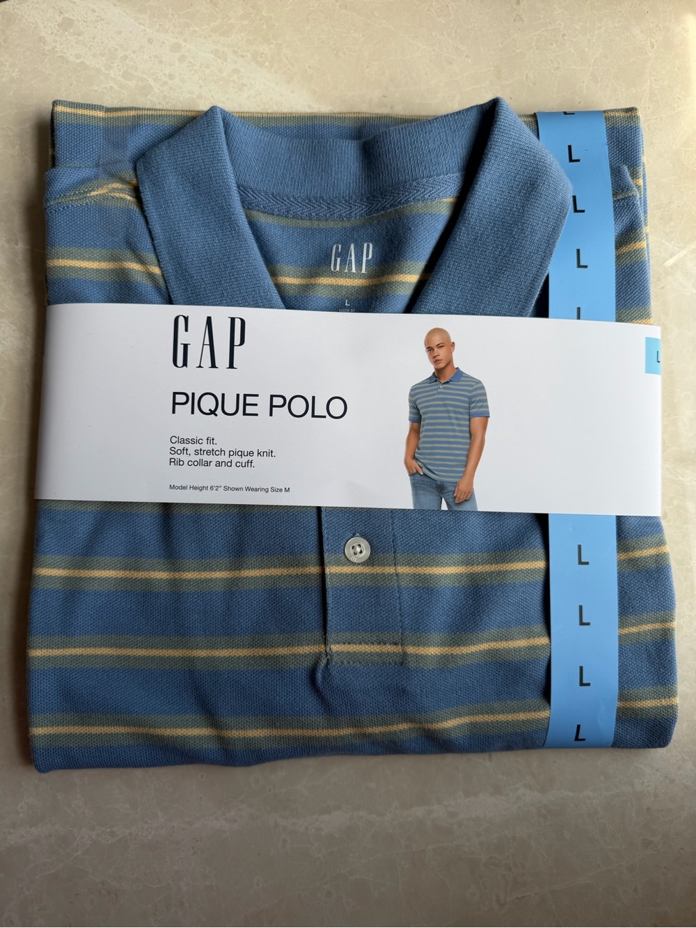 GAP Men’s Blue & Tan Striped Pique Polo Shirt